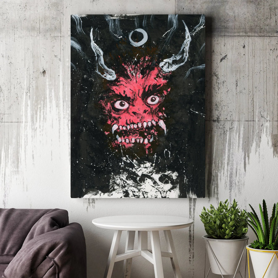 Red Demon Canvas Wall Art | Abstract Horror Oni Mask Splatter Print | Gallery Wrapped Premium Decor | Gothic Home & Office Gift