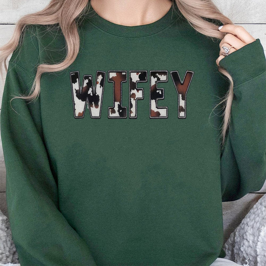Western Wifey Sweatshirt | Cow Print Lettering Graphic | Premium Cotton Blend | Bridal Gift for Newlywed Wife Bride to Be