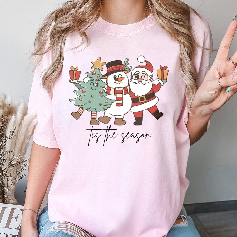 Tis The Season Christmas T-Shirt | Retro Santa Snowman Tree Graphic | Premium 100% Cotton Tee | Unisex Holiday Gift For Family
