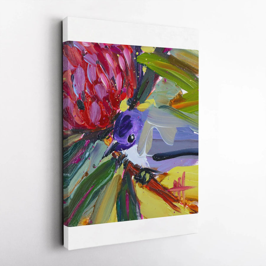 Fairy Wren and Waratah Canvas Print | Abstract Impasto Style Australian Bird Art | Premium Gallery Quality | Collector's Gift for Nature Lover