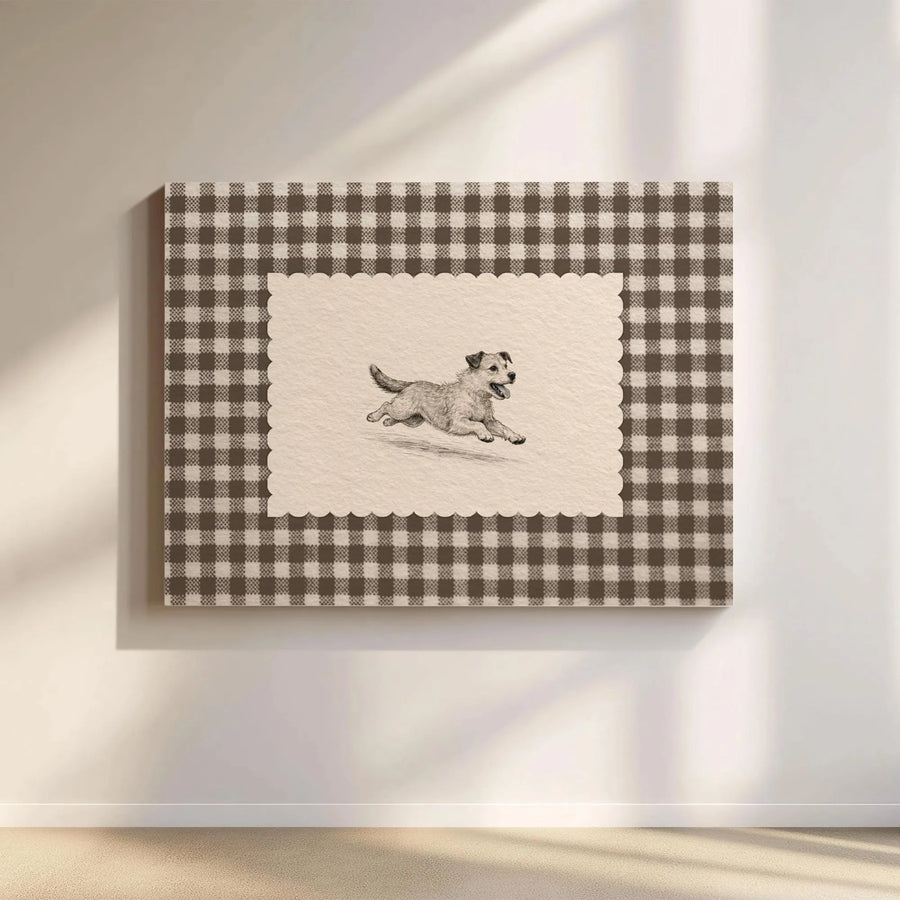 Farmhouse Dog Canvas Wall Art | Vintage Terrier Sketch with Gingham Pattern | Premium Gallery Wrapped Canvas | Gift for Dog Lover & Country Home Decor
