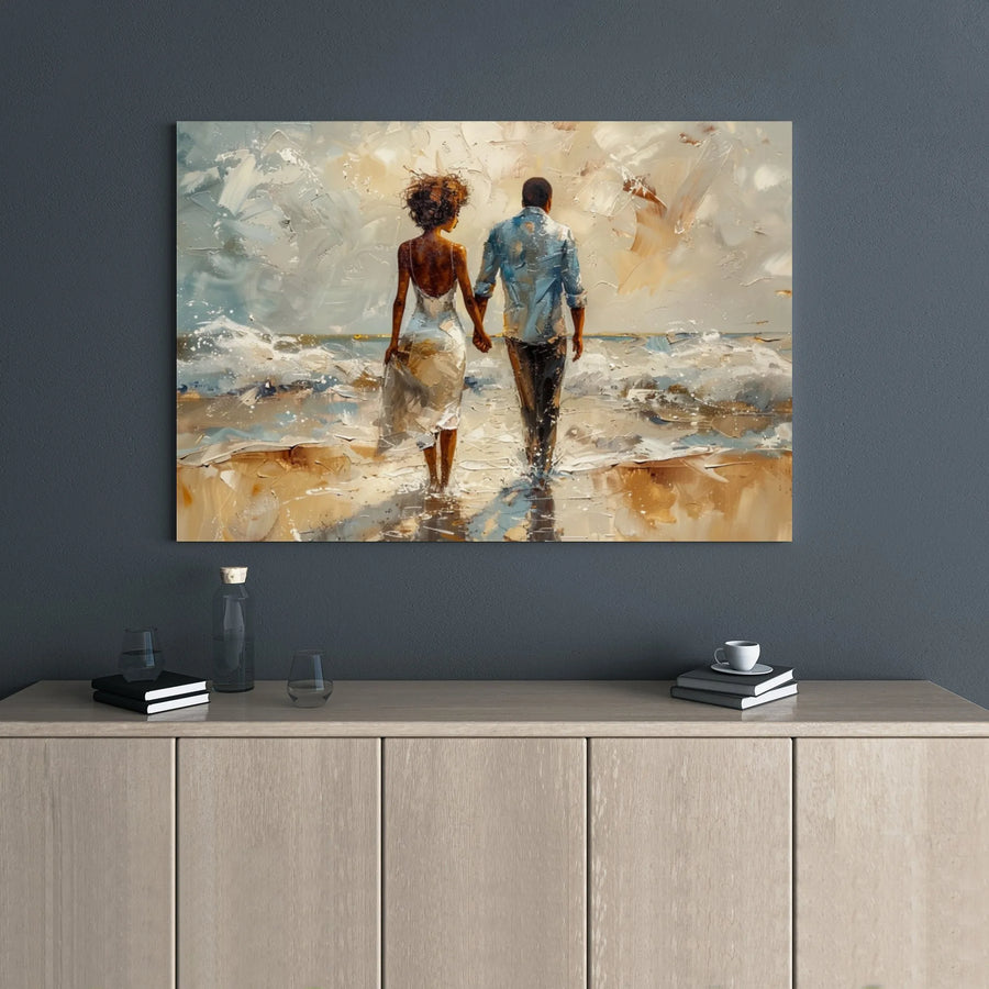 Black Couple Beach Canvas Art | Romantic Ocean Shore Impressionist Print | Gallery Wrapped 1.25" Wooden Frame | Anniversary Gift for Home Decor