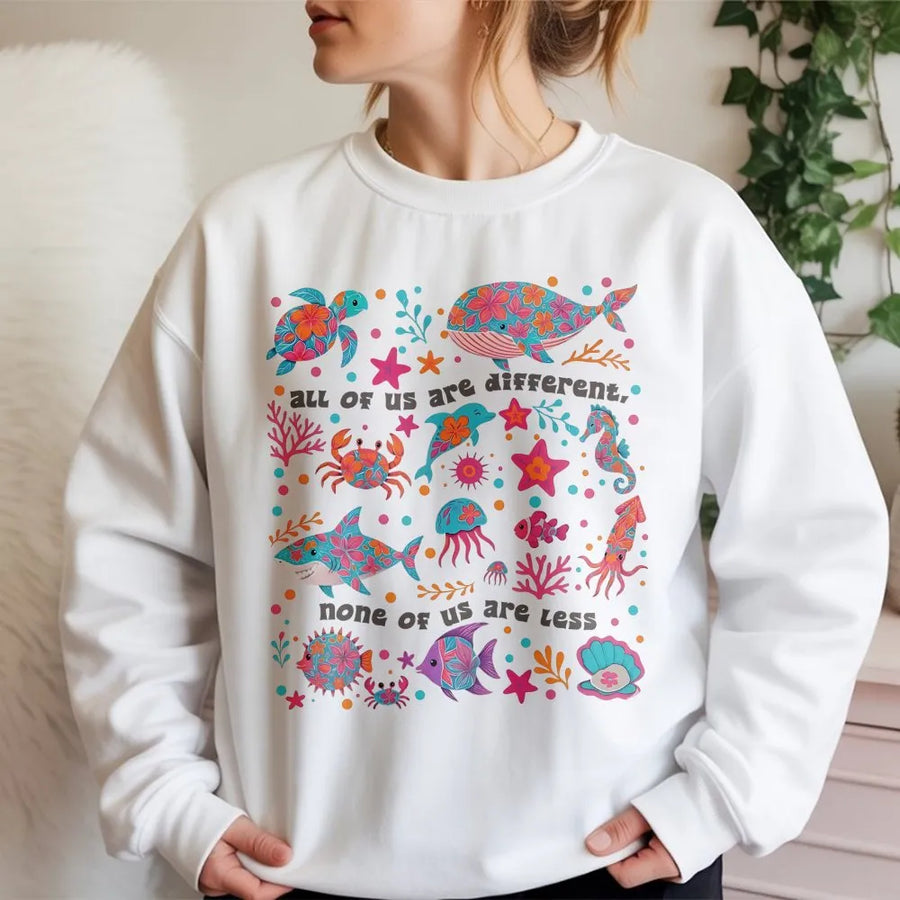 Neurodiversity Sweatshirt | All Of Us Are Different Sea Life Graphic | Premium Cotton Blend | Gift For Special Education Teacher Or Student