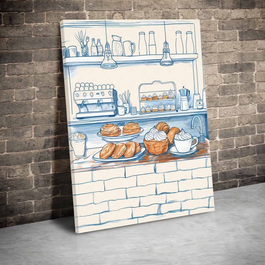 Coffee Shop Canvas Wall Art | Hand-Drawn Cafe Illustration | Premium Gallery Wrap Canvas | Kitchen & Dining Room Decor Gift