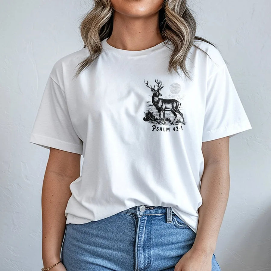 Psalm 42:1 Christian T-Shirt | Vintage Deer Graphic Tee | Soft Breathable Cotton | Religious Faith Gift for Men