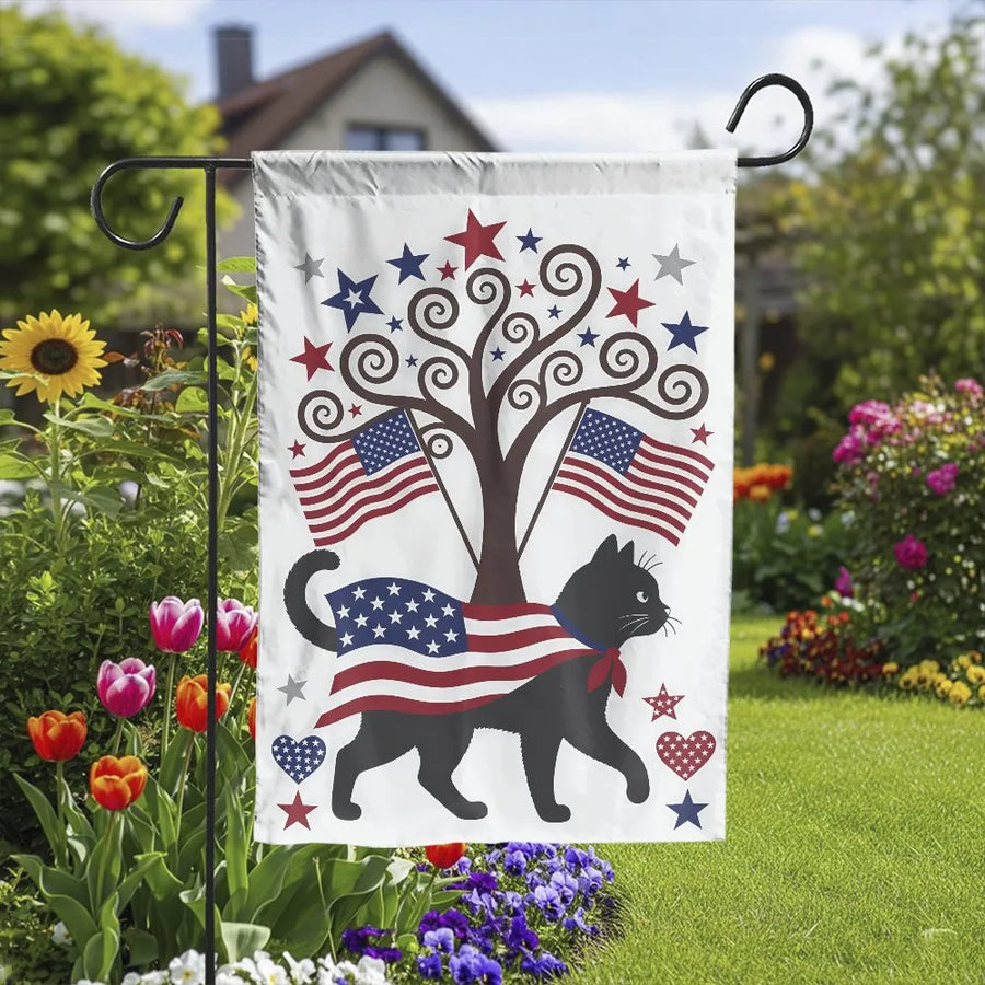 Patriotic Black Cat Garden Flag | Double Sided USA American Flag & Stars Tree Design | Premium Weather Resistant Double Layer Polyester | 4th of July Outdoor Yard Decor Gift for Cat Lovers