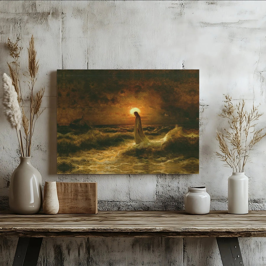 Jesus Walking On Water Canvas | Moody Stormy Sea Religious Art | Premium Gallery Wrap Print | Faithful Home Decor Gift