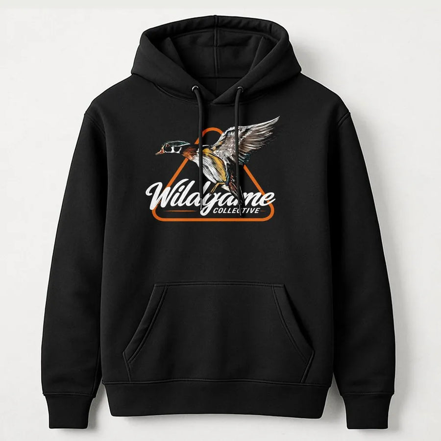 Wood Duck Hoodie | Realistic Flying Waterfowl Graphic | Soft Cotton Blend Crewneck | Gift for Hunter, Outdoorsman Apparel