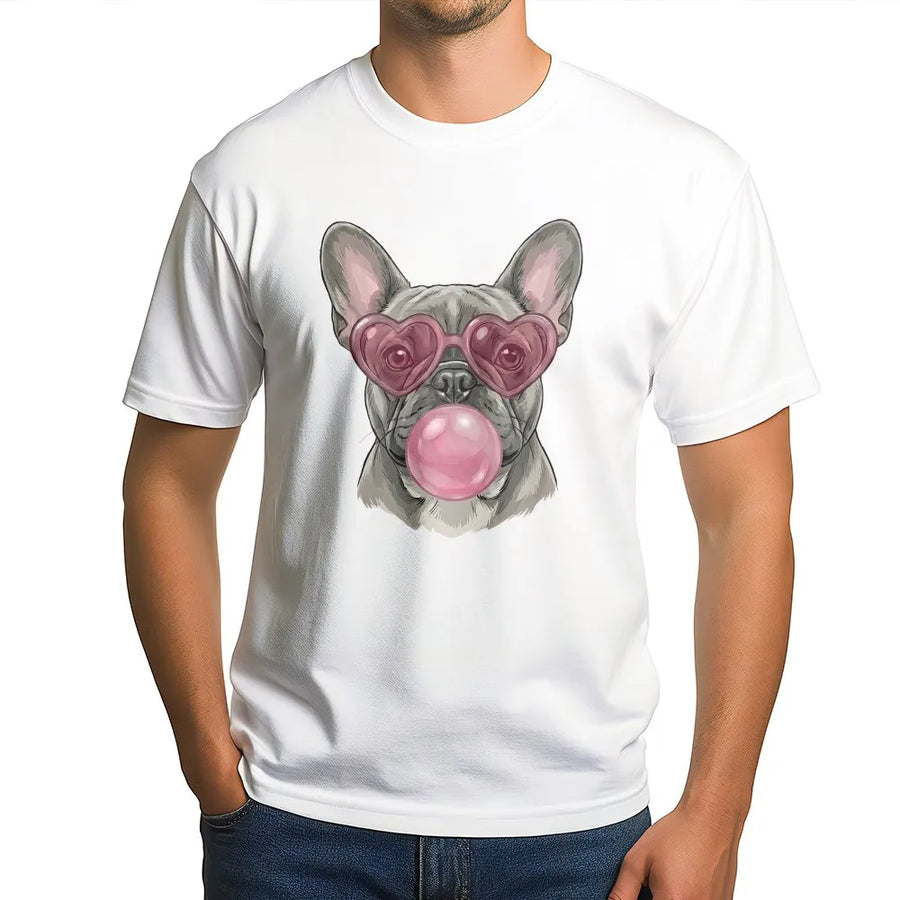 French Bulldog T-Shirt | Heart Glasses & Bubble Gum Graphic | 100% Cotton Premium Tee | Cute Frenchie Dog Lover Gift for Her