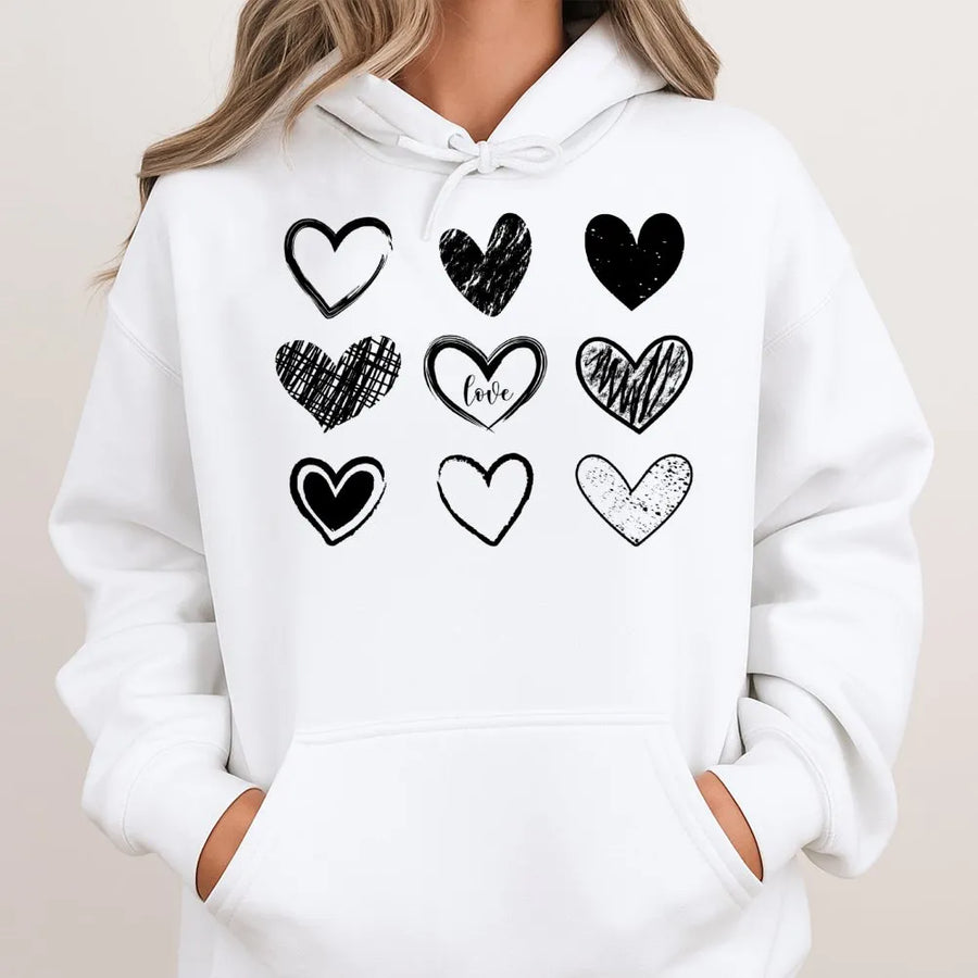 Heart Hoodie | Aesthetic Doodle Hearts Graphic Print | Soft Cotton-Blend Unisex Pullover | Valentine’s Day Gift for Her