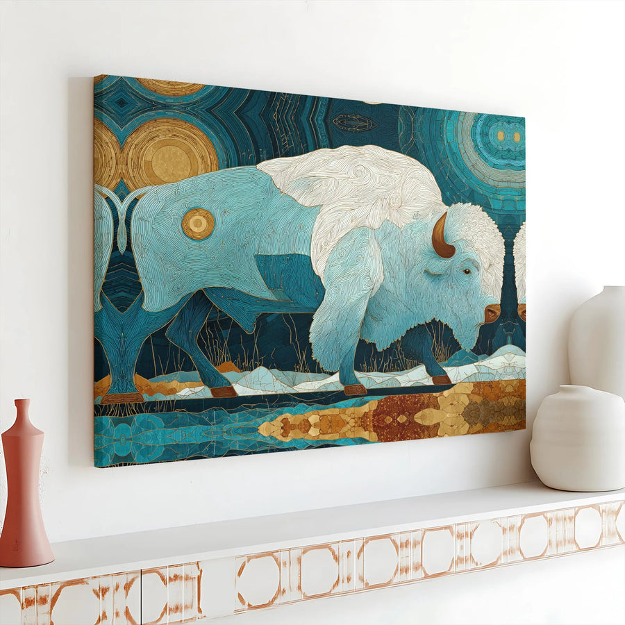 White Buffalo Canvas Art | Abstract Mosaic Teal And Gold Wildlife Wall Decor | Premium Gallery Wrap Print | Modern Living Room Statement Gift