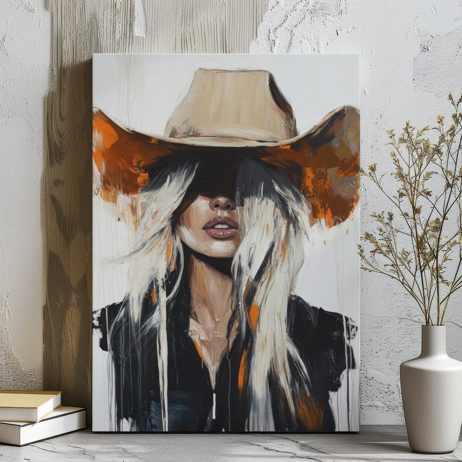 Cowgirl Wall Art | Abstract Blonde Woman in Hat Oil Painting Style | 1.25 inch Gallery Wrapped Canvas | Western Boho Home Decor Gift