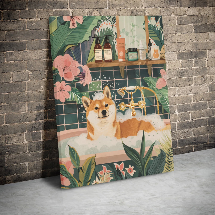 Shiba Inu Dog Wall Art | Tropical Bubble Bath Illustration | Gallery Wrapped Premium Canvas | Whimsical Pet Portrait Gift for Dog Lovers