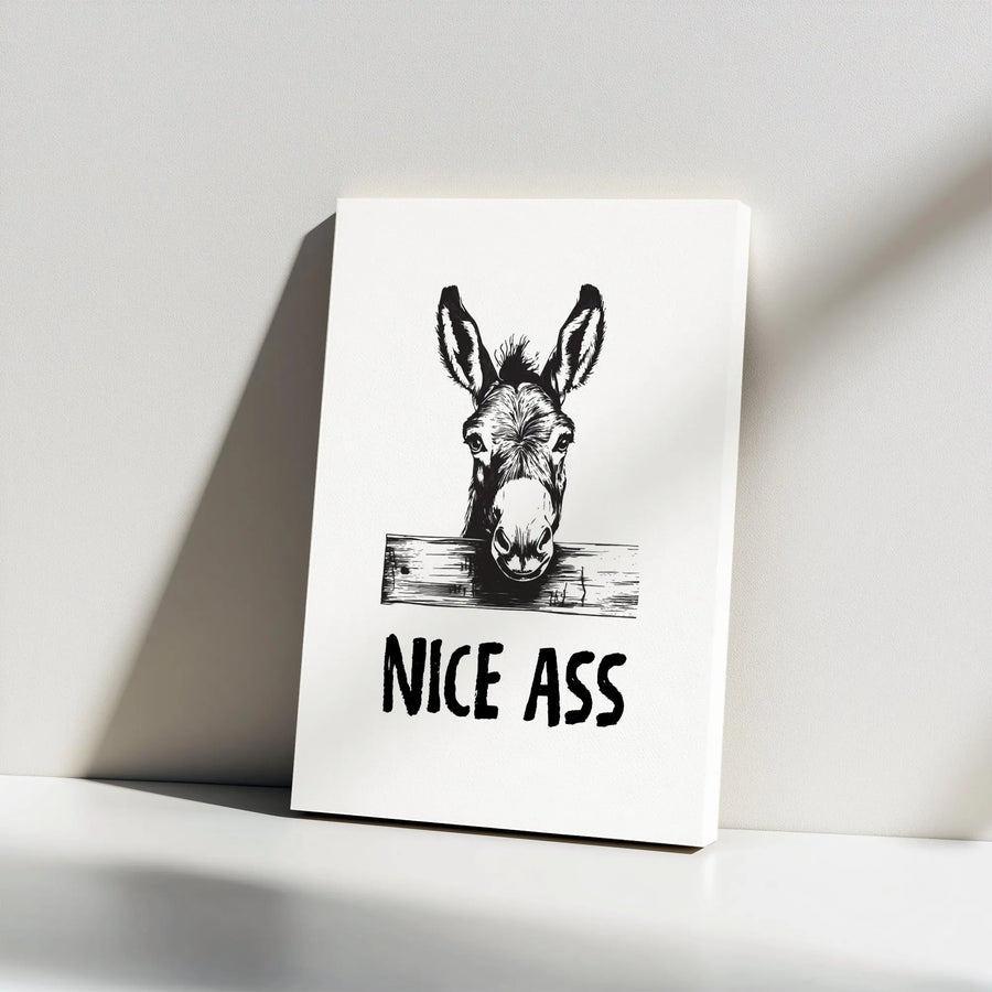 Funny Donkey Canvas Wall Art | Nice Ass Pun Sketch Print | Premium Gallery Wrapped Canvas | Humorous Bathroom Decor Gift for Friend