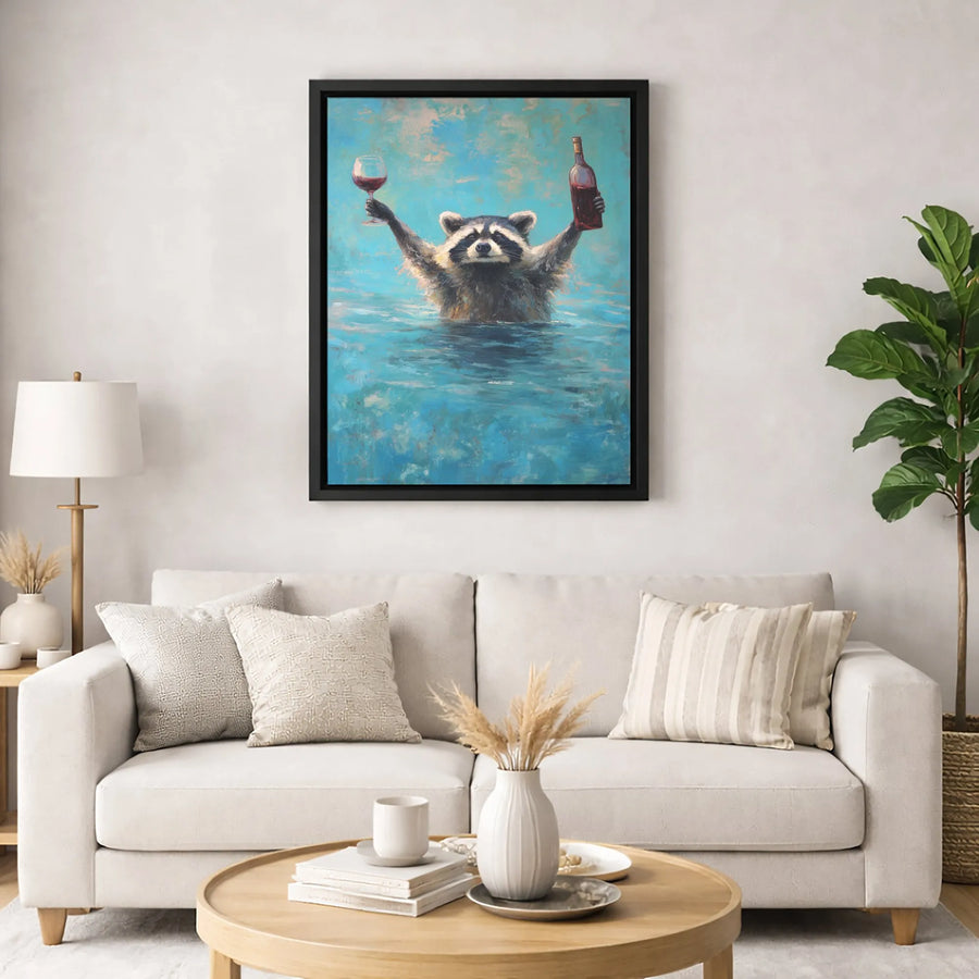 Raccoon Wall Art | Funny Wine Drinking Animal Canvas | Premium Gallery Wrapped Print | Unique Home Decor Gift For Wine Lovers