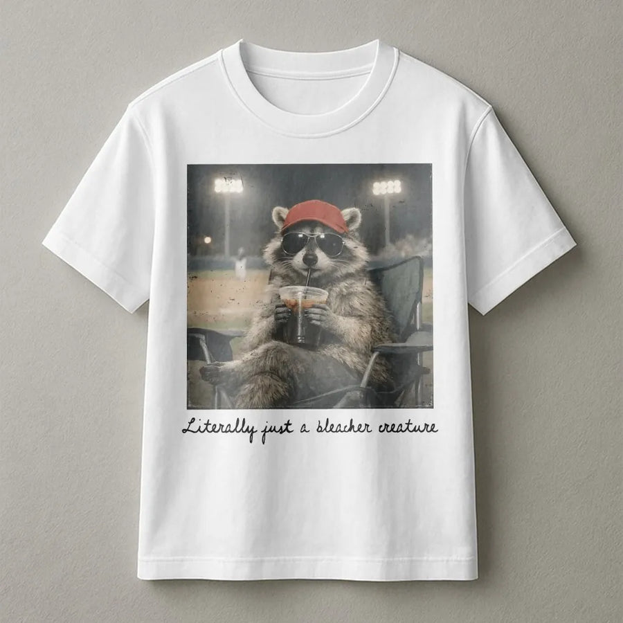 Bleacher Creature T-Shirt | Funny Raccoon Baseball Graphic | Cozy Unisex Crewneck | Gift for Baseball Mom, Softball Fan Gift