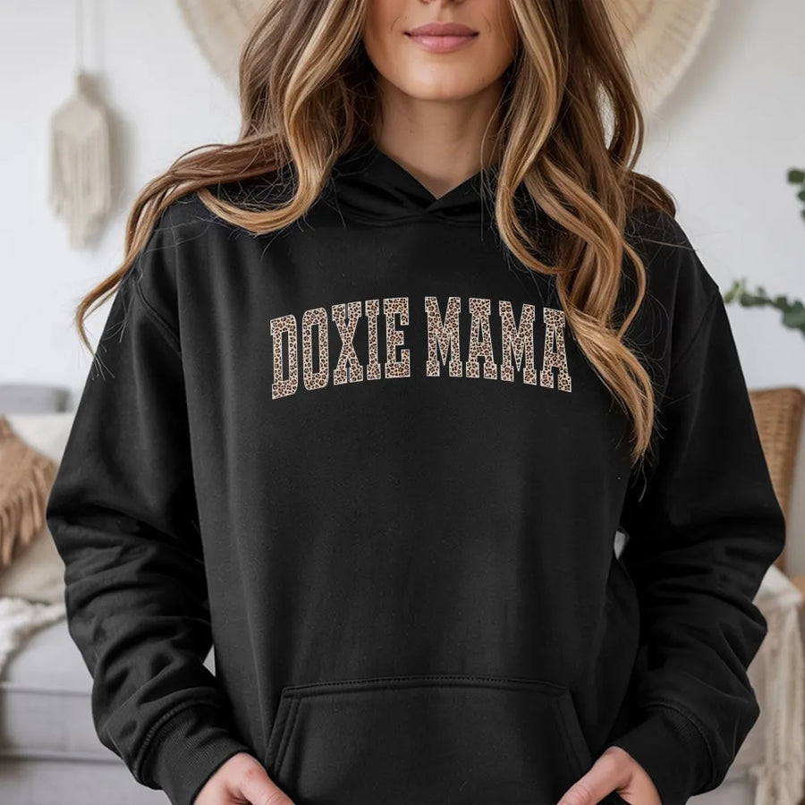 Doxie Mama Hoodie | Leopard Print Varsity Lettering | Premium Cotton Blend | Dachshund Dog Lover Gift for Her
