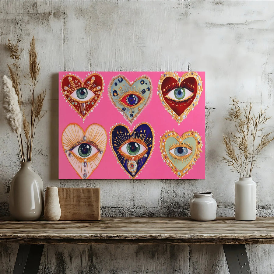 Evil Eye Heart Wall Art | Colorful Bohemian Aesthetic Canvas | Premium Gallery Wrap Print | Mystical Home Decor Gift for Her
