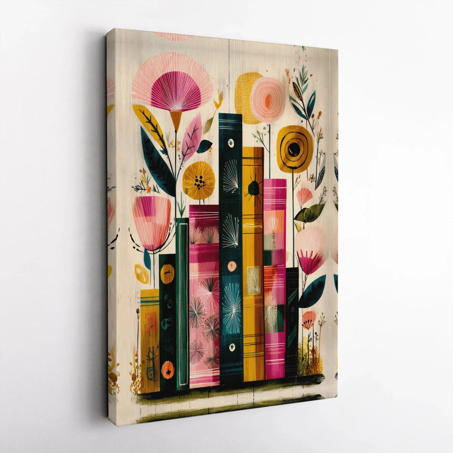 Floral Bookshelf Canvas Print | Retro Botanical Illustration | Premium Gallery Wrapped Canvas | Gift for Book Lover and Reader