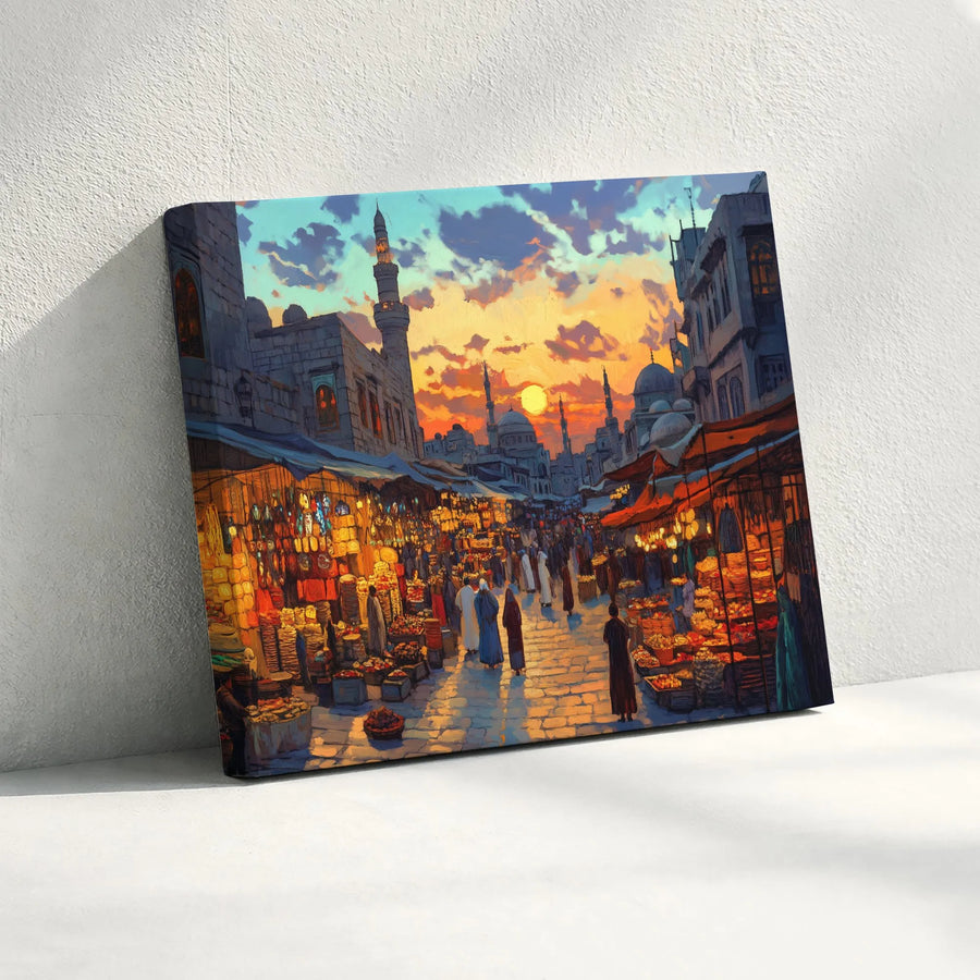 Middle Eastern Souk Canvas Print | Vibrant Marketplace Sunset Scene | Premium Gallery Wrap Wall Art | Cultural Home Decor Gift