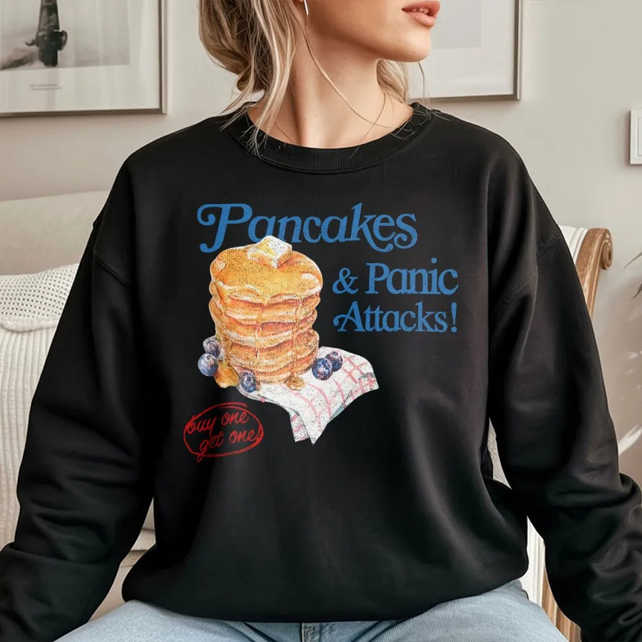 Pancakes & Panic Attacks Sweatshirt | Retro Graphic Foodie Design | Premium Soft Cotton Blend | Funny Mental Health Awareness Gift for Women