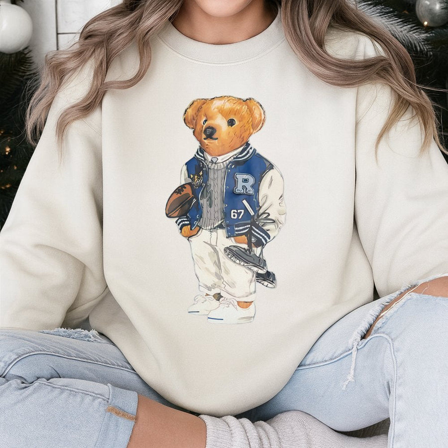 Preppy Football Bear Sweatshirt | Varsity Letterman Teddy Graphic | Cotton Blend Unisex Pullover | Academic Aesthetic Gift for Students