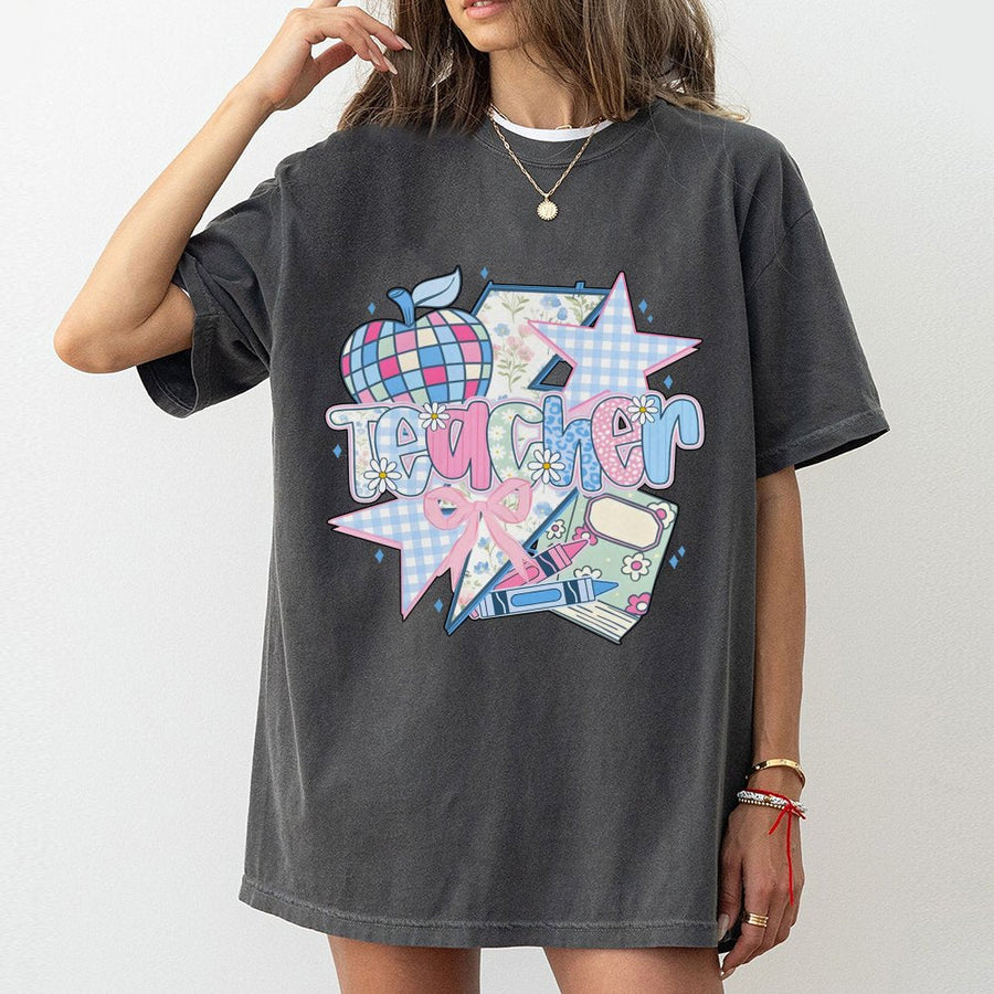 Teacher Aesthetic T-Shirt | Coquette Bow and Retro School Supply Graphic | 100% Cotton Premium Tee | Cute Appreciation Gift for Teachers