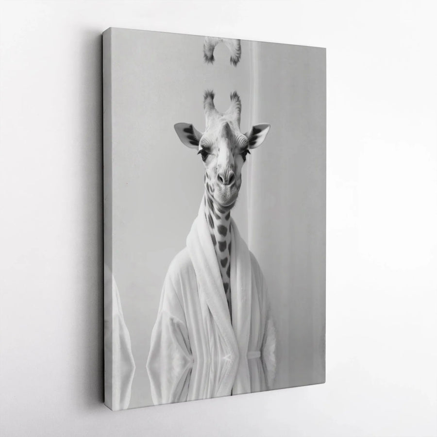 Giraffe in Bathrobe Canvas Wall Art | Quirky Animal Bathroom Decor | Premium Gallery Wrapped Print | Funny Spa Themed Home Gift