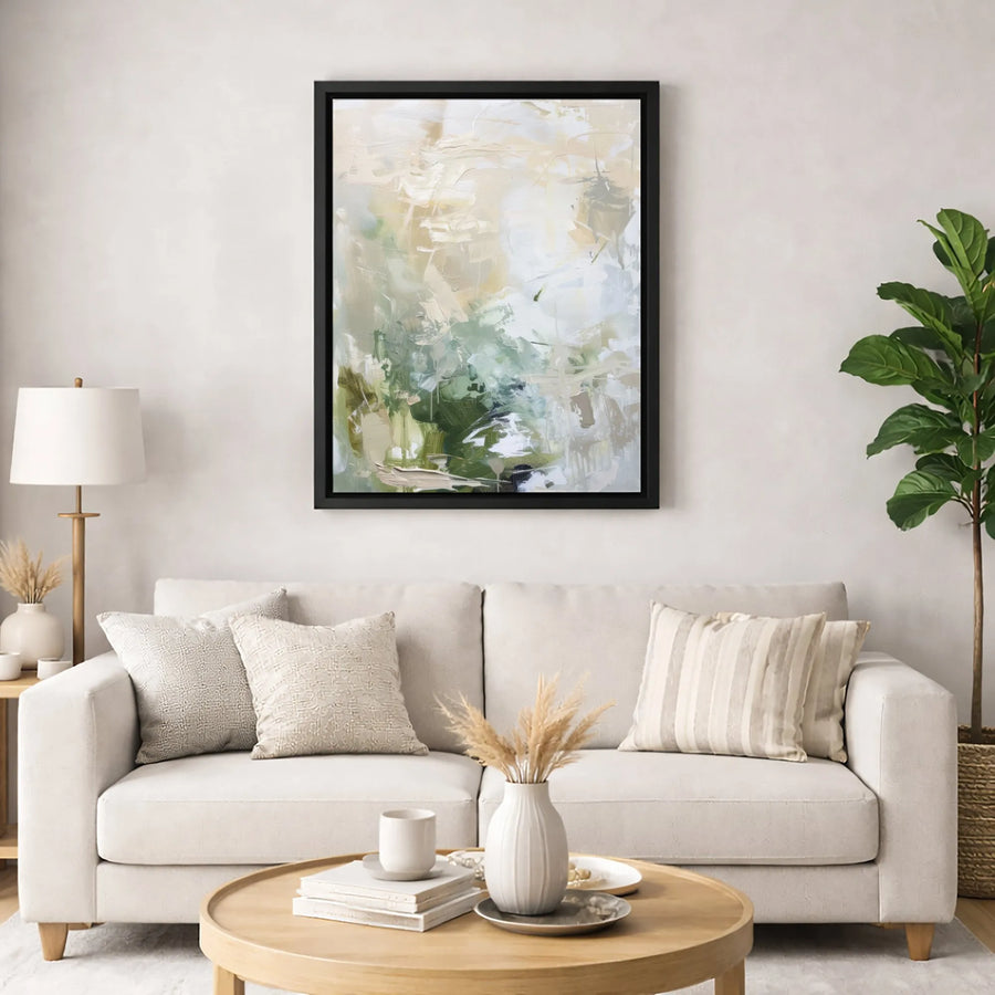 Abstract Green and Beige Wall Art | Modern Brushstroke Texture Canvas | Gallery Quality 1.25 Inch Frame | Neutral Minimalist Home Decor