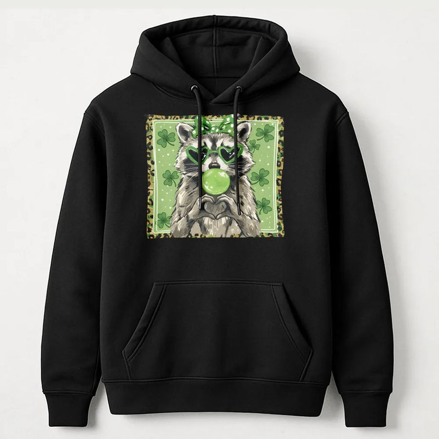 Lucky Raccoon St Patricks Day Hoodie | Cute Leopard Print Shamrock Graphic | Soft Premium Cotton Blend | Funny Irish Holiday Gift for Her