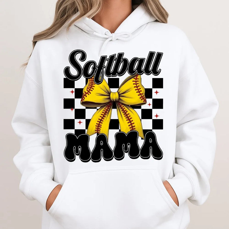 Softball Mama Hoodie | Retro Checkered Bow Game Day Design | Premium Cotton Blend | Gift for Softball Mom and Baseball Fan