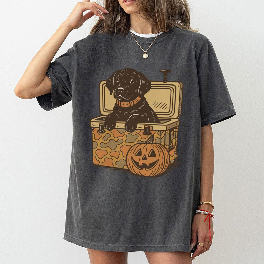 Black Lab Halloween T-Shirt | Cute Puppy in Camo Cooler Graphic | Premium 100% Cotton Tee | Spooky Fall Gift for Dog Lovers and Hunters
