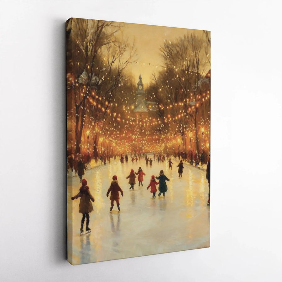 Winter Ice Skating Canvas Art | Impressionist Holiday Lights Wall Decor | Premium 1.25" Thick Gallery Wrap | Festive Christmas Home Interior Gift