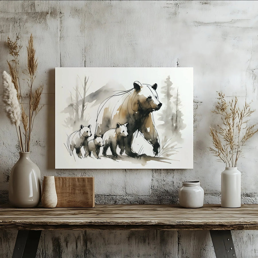 Mama Bear and Cubs Wall Art | Watercolor Ink Animal Sketch | 1.25-Inch Gallery Wrapped Canvas | Premium Nature Gift for Nursery or Home