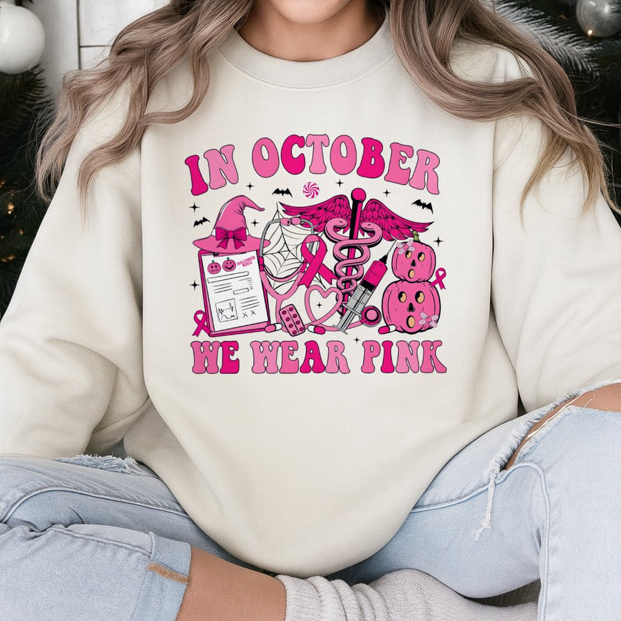In October We Wear Pink Sweatshirt | Halloween Breast Cancer Awareness Nurse Gift | Cotton-Poly Blend Crewneck | For Nurses and Supporters
