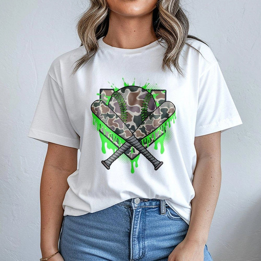 Baseball Camo T-Shirt | Neon Green Dripping Design | Premium Soft Cotton | Sporty Graphic Gift for Players and Fans
