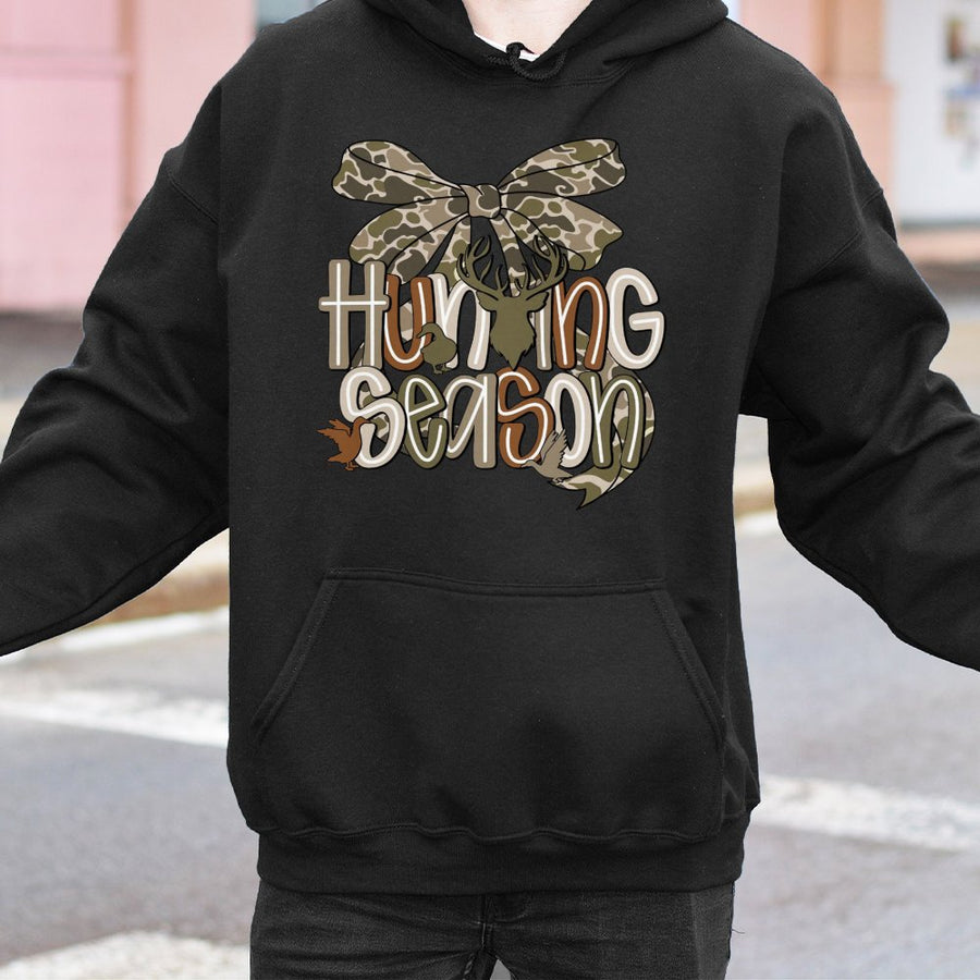 Hunting Season Hoodie | Camo Bow Deer Antler Graphic | Premium Cotton Blend | Gift For Hunters And Outdoor Enthusiasts