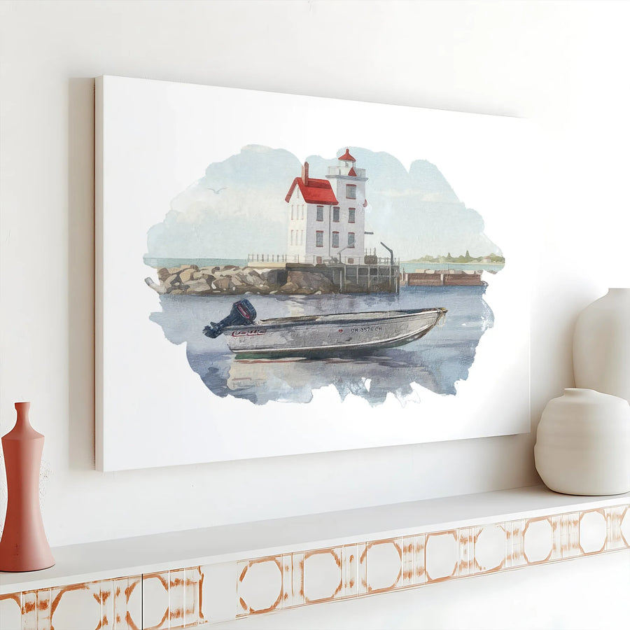 Lighthouse and Fishing Boat Canvas Print | Coastal Watercolor Seascape | Gallery Wrapped Premium Wall Art | Nautical Home Decor Gift