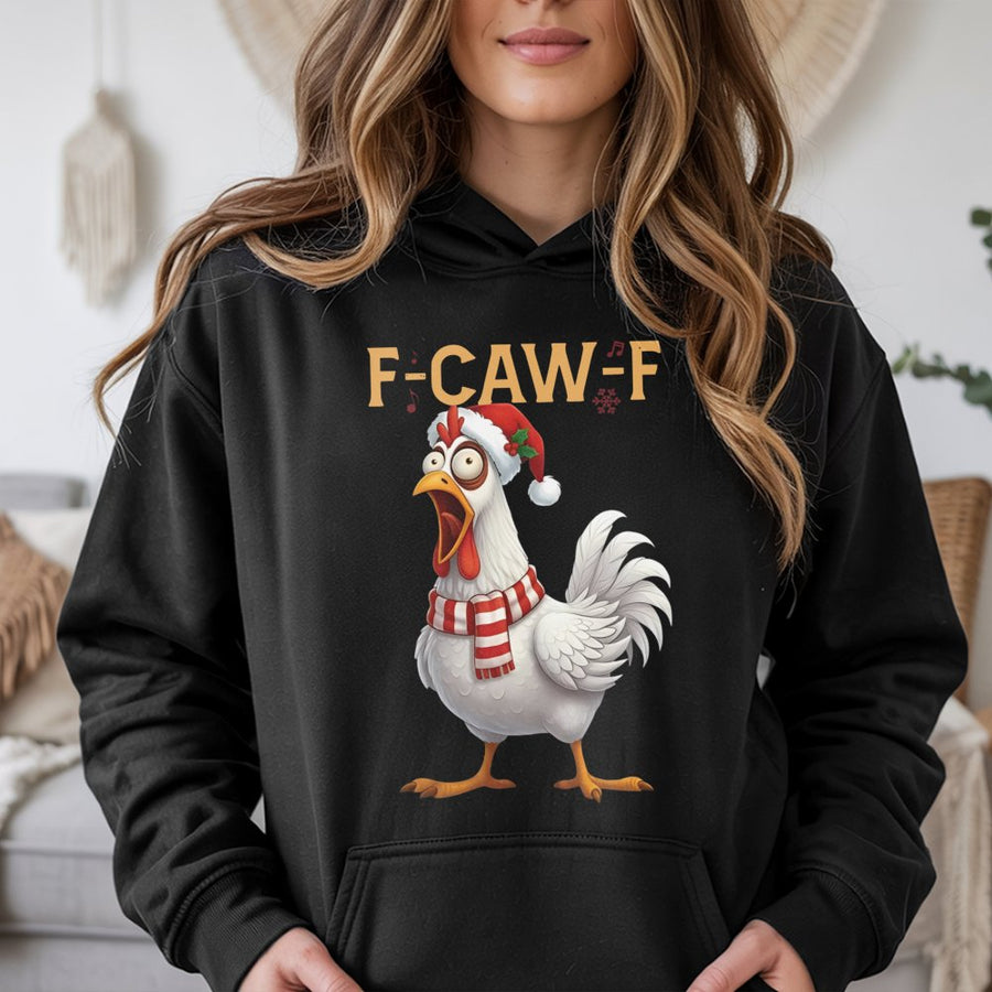 Funny Chicken Christmas Hoodie | F-Caw-F Music Note Graphic | Premium Soft Unisex Sweatshirt | Cute Farm Animal Holiday Gift for Men and Women