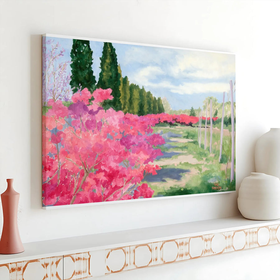 Floral Landscape Canvas Wall Art | Impressionist Vineyard Painting with Scarlet Flowers | Premium Gallery Wrap Print | Modern Farmhouse Living Room Decor Gift