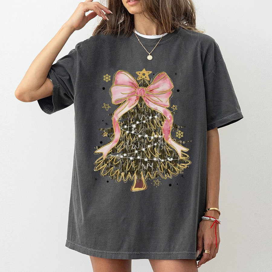 Camo Christmas Tree T-Shirt | Coquette Pink Bow Aesthetic Graphic | Premium 100% Cotton | Cute Holiday Gift For Her