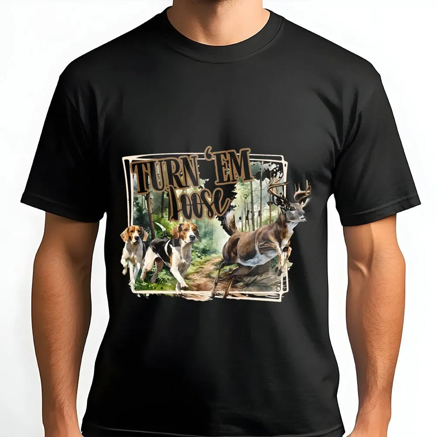 Turn Em Loose Deer Hunting T-Shirt | Beagle Dog and Buck Chase Graphic | Premium Cotton Graphic Tee | Gift for Hunter Outdoor Enthusiast