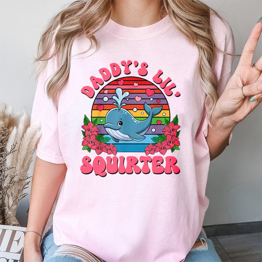 Daddy's Lil Squirter T-Shirt | Funny Whale Retro Graphic Tee | Premium 100% Cotton Apparel | Adult Humor Gag Gift For Partners
