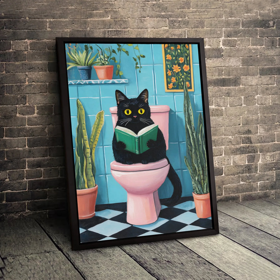 Black Cat Reading Book On Toilet Canvas | Whimsical Bathroom Wall Art | Premium 1.25" Gallery Wrap | Funny Cat Lover Home Decor Gift