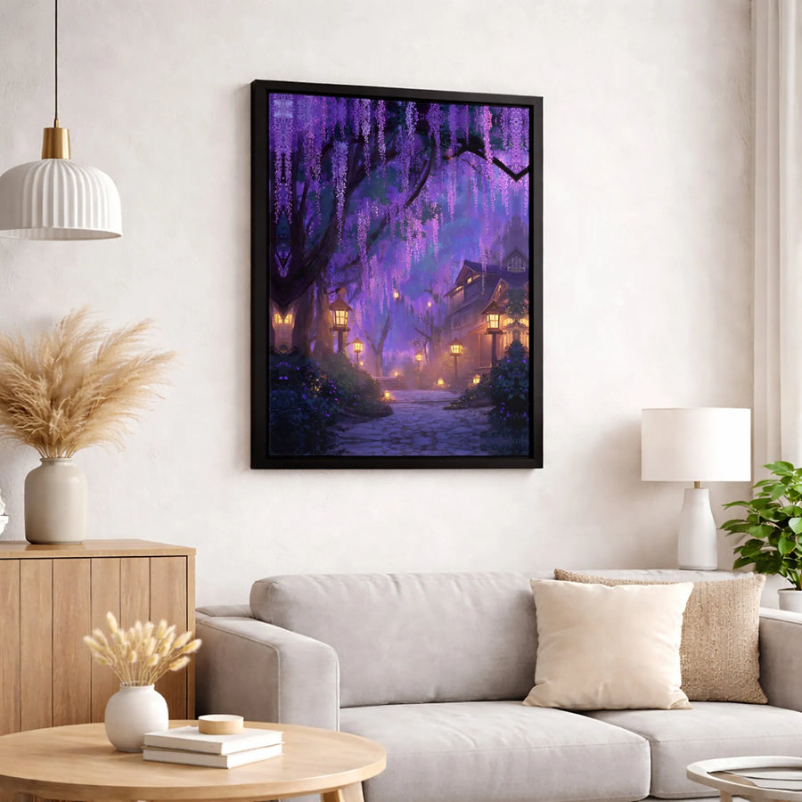 Japanese Wisteria Garden Canvas Art | Enchanting Glowing Lantern Path | Premium Gallery-Wrapped Wall Decor | Magical Zen Nature Gift