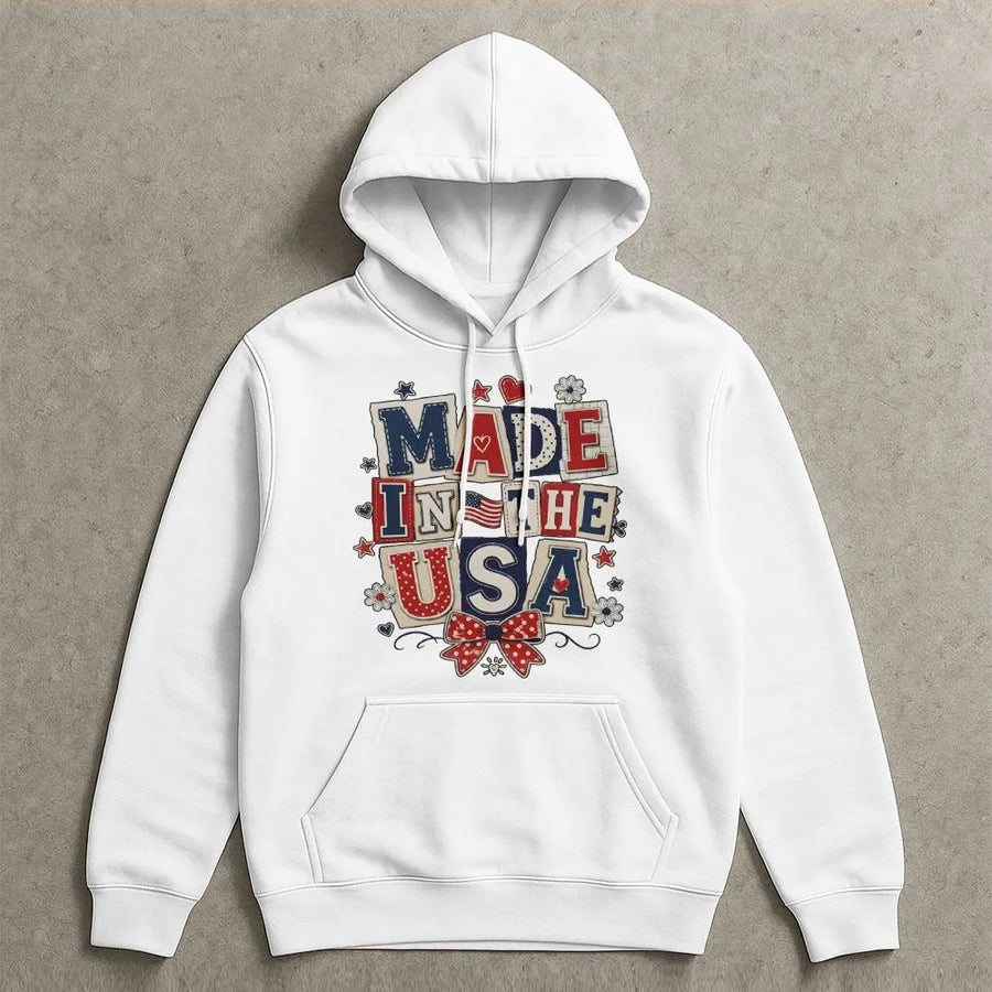 Patriotic USA Hoodie | Coquette Collage Made in USA Graphic | Premium Cotton Blend | 4th of July Independence Day Gift for Men & Women