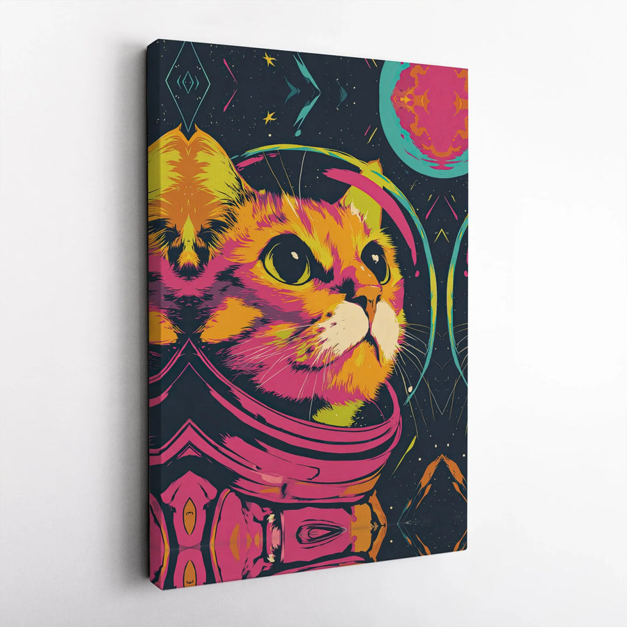 Astronaut Space Cat Vertical Canvas | Retro Pop Art Cosmic Kitten Wall Decor | Premium 1.25 Inch Thick Frameless Gallery Wrap | Unique Birthday Gift for Cat Lovers