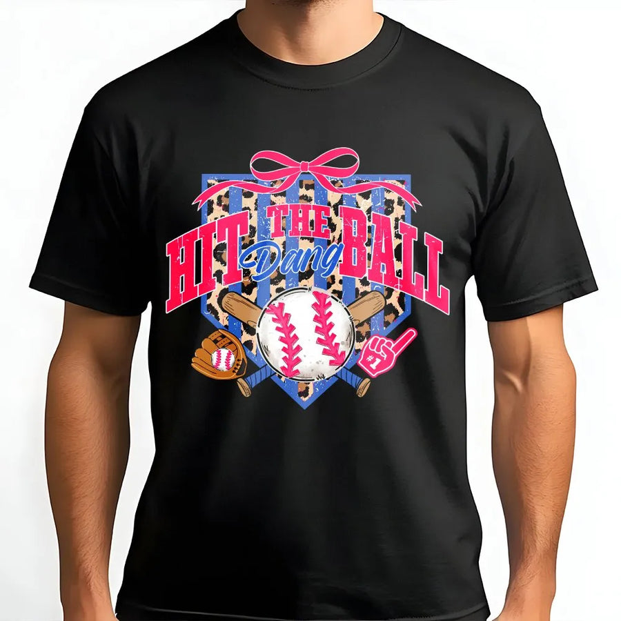Game Day Baseball T-Shirt | Coquette Leopard Print 'Hit The Dang Ball' Graphic | Soft Unisex Crewneck | Gift for Baseball Mom