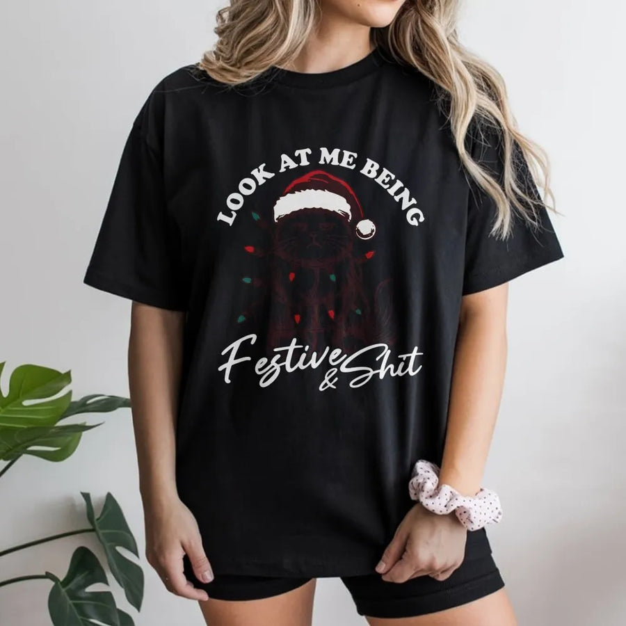 Funny Cat Christmas T-Shirt | Grumpy Kitten Tangled in Lights Graphic | Premium Cotton Unisex Tee | Sarcastic Holiday Gift for Cat Lovers