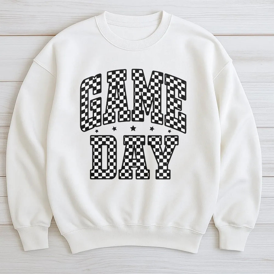 Game Day Sweatshirt | Checkered Varsity Font Retro Design | Premium Cotton-Blend | Trendy Football Fan Gift for Her